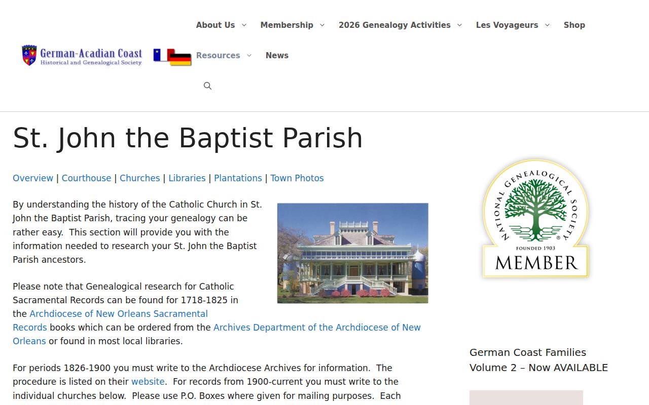 German Acadian Coast historical resources for St. John the Baptist Parish and LaPlace genealogy