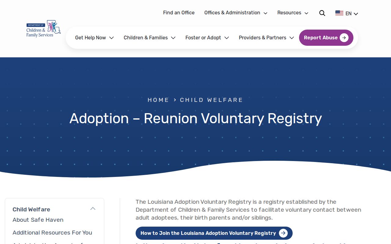 Louisiana Adoption Reunion Voluntary Registry information for lawful family reconnection