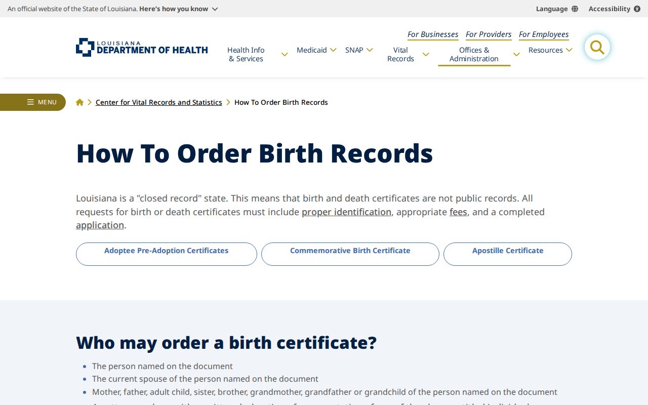 LaPlace resident lookup Louisiana birth record ordering page
